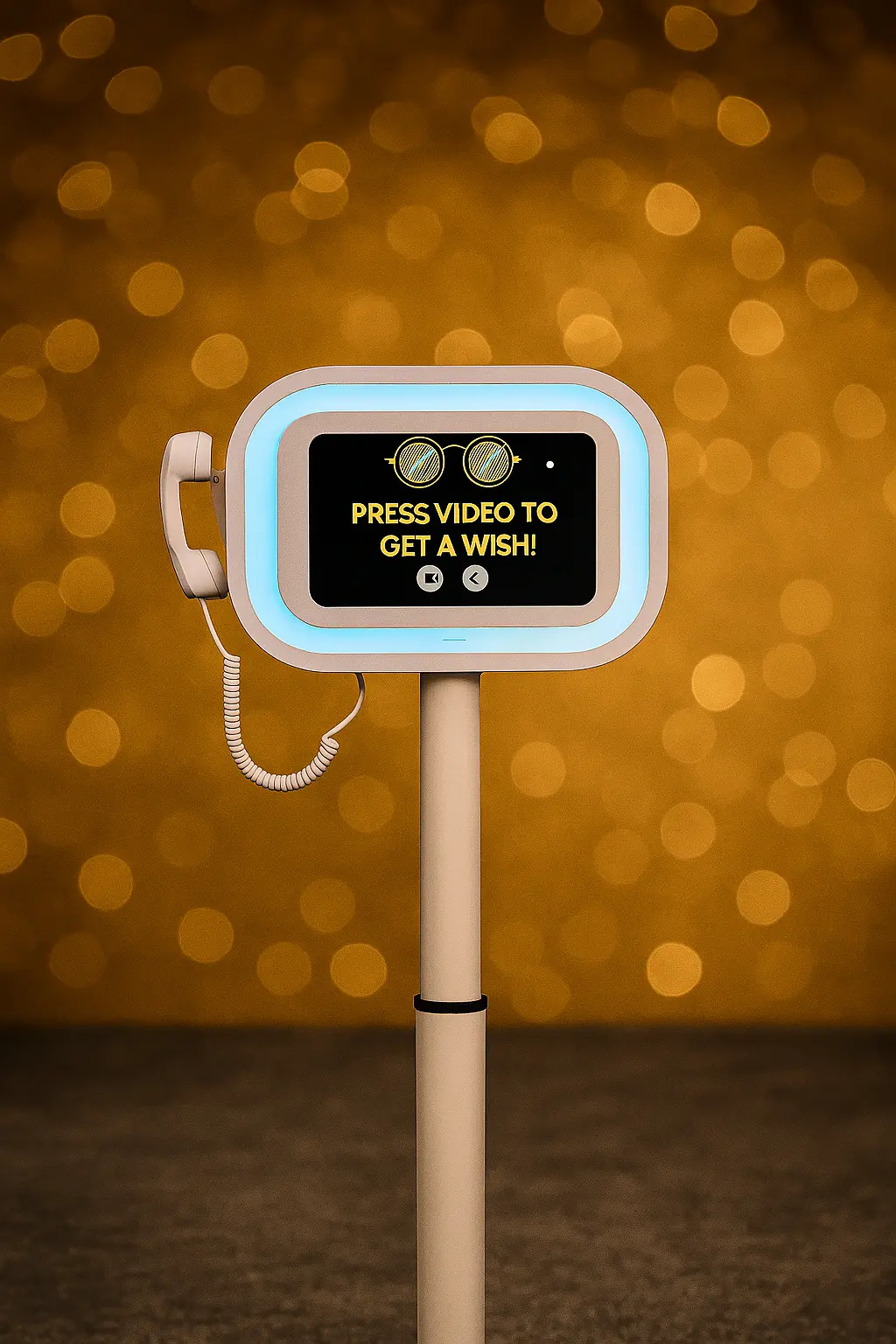 Video Guest Book photobooth με τηλέφωνο ευχών και οθόνη, σε χρυσό bokeh φόντο.